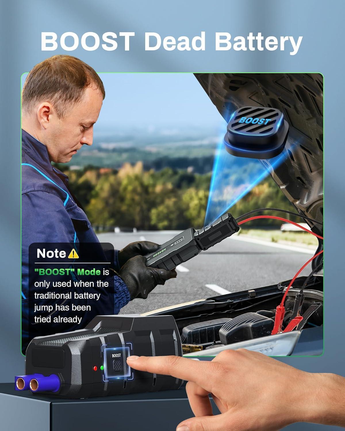 4000A Emergency Starting Power Supply 12V Portable Car Battery Jump Starter With 18W Fast Charge For 10L Gasoline And 8L Diesel Engines With LED Light Jump Starter Cable And EVA Storage Box